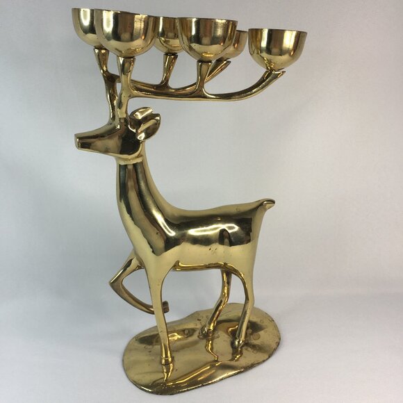 Vintage Brass Deer Candelabra Candle Holder 6 Votive Christmas Reindeer Decor - Picture 3 of 16